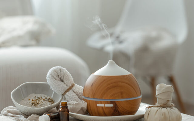 Spa composition with air humidifier and essential oils. Cozy still life with a humidifier in the interior of the room on a blurred background.